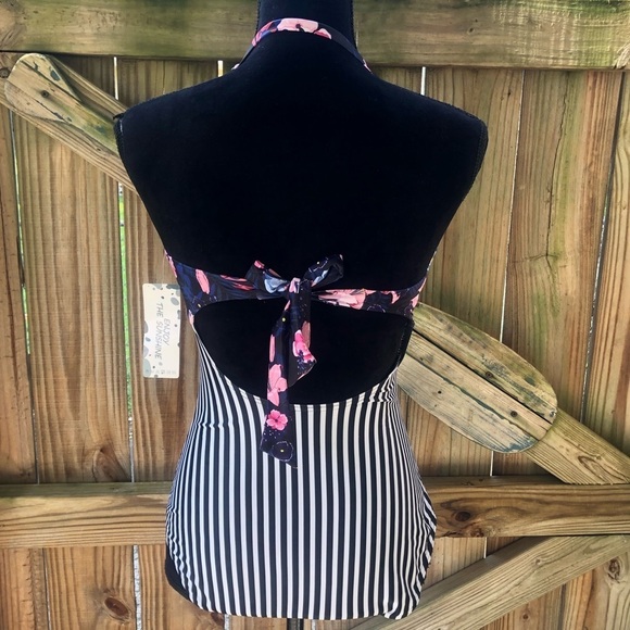 Enjoy the Sunshine New Floral & Stripe High Waisted Cut Out One Piece Swimsuit L - Picture 2 of 5